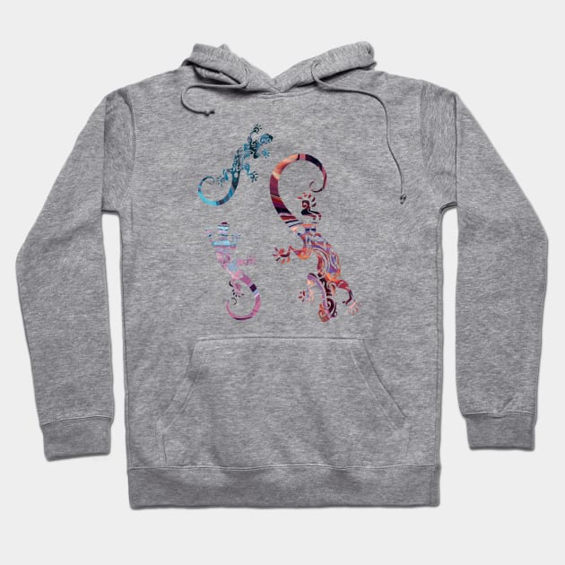 Three Ornate Geckos Colorful Lizard Illustration Hoodie by VintCam